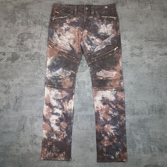ROCK REVIVAL Daviday Moto Acid Wash Tie Dye Denim Jeans Mens Size 32x31 Brown - Picture 1 of 9